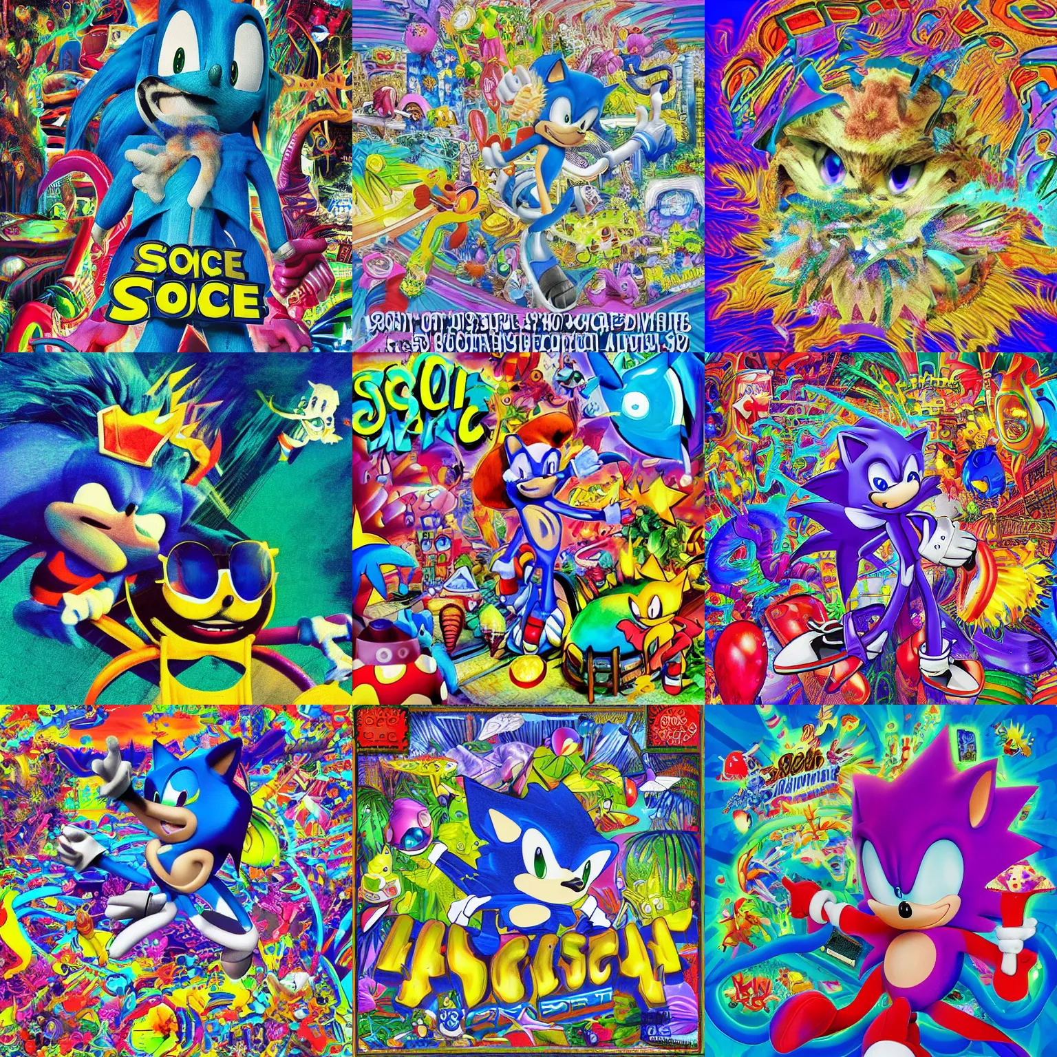 Prompt: surreal, sonic mascot, sharp, deepdream detailed professional, high quality airbrush art MGMT album cover of a liquid dissolving LSD DMT blue sonic the hedgehog surrounded by 1980s kitsch products, tropical ocean, purple checkerboard background, 1980s 1985 arcade video game album cover