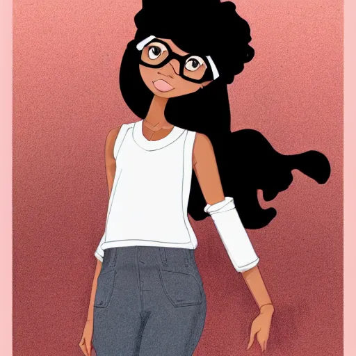 Prompt: a very beautiful girl with dark complexion, long, curly, afro hair, stylistic oval black eyes, half - frame square glasses, grey hoodie opened, white tank top, white gloves, denim jeans, character art, cute, digital art, cartoon network, cel shaded, character art