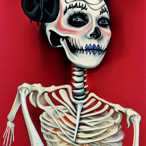 Image similar to a woman with a skeleton face painted on her face, a character portrait by edna mann, behance, pop surrealism, freakshow, 1 9 7 0 s, surrealist