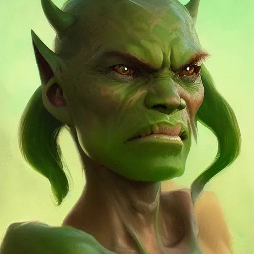 Prompt: character portrait of a green orc female, light green tone beautiful face by greg rutkowski, trending on artstation