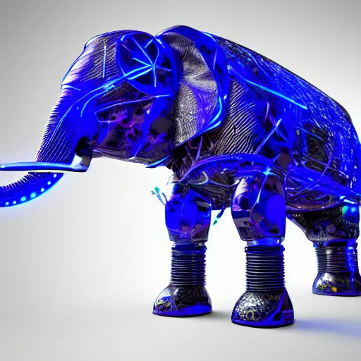 Image similar to hyper realistic cybertronic elephant. high details of body and face. complex aetheral mechanical body. blue led. cyberpunk style, intricate, trending on art station, 8 k render.