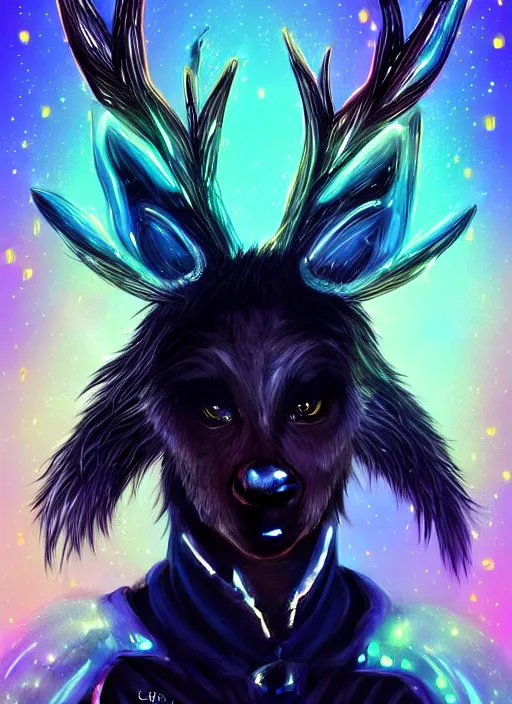 Image similar to award winning beautiful portrait commission of a male furry anthro Black Reindeer cyberpunk fursona with a tail, wings, wings, wings and a cute beautiful attractive detailed furry face wearing a crown, stylish black and rainbow galaxy clothes, outline, in a cyberpunk city at night while it rains. Character design by charlie bowater, ross tran, artgerm, and makoto shinkai, detailed, inked, western comic book art