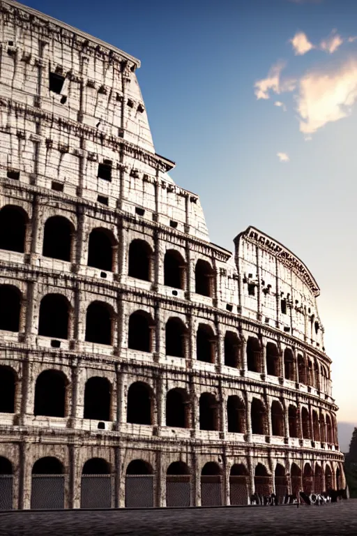 Image similar to a huge ice cream on top of the Colosseum, photorealistic, cinematic lighting, high detail, cinematic feel, high octane, 4K, Unreal Engine
