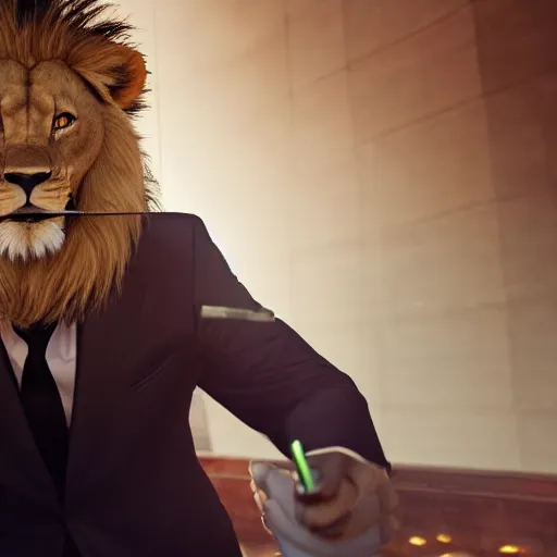 Image similar to a lion smoking a cigar wearing a suit, subject= lion, subject detail: wearing a suit, subject action: smoking a cigar, dramatic lighting, cinematic lighting, establishing shot, photorealistic, high details, cinematic, 8k resolution, extremly detailed, photorealistic, artstation, unreal engine