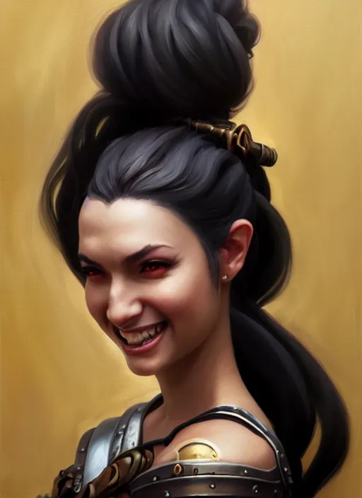 Image similar to a _ fantasy _ style _ portrait _ painting _ of woman, ponytail black hair, smile, round face, steampunk rpg dnd oil _ painting _ unreal _ 5 _ daz. _ rpg _ portrait _ extremely _ detailed _ artgerm _ greg _ rutkowski _ greg