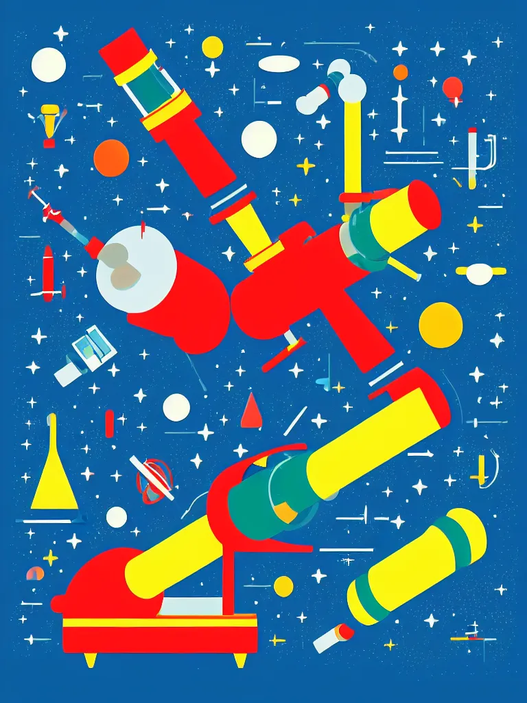 Image similar to editorial illustration scientific lab test tube telescope microscope spaceship, colorful modern, mads berg