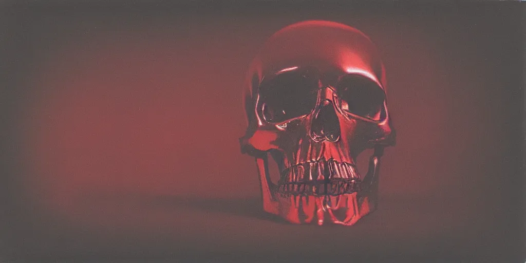 Prompt: analog vintage photography portrait polaroid of a chrome human skull, red color bleed, heavy film grain, bloom, glow