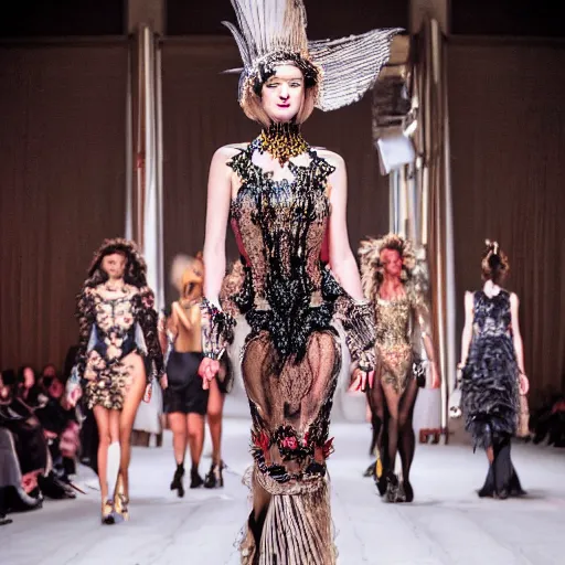 Prompt: fashion model walking down a catwalk, elaborate dress by alexander mcqueen, stage lighting, sigma 8 5 mm f 1 6, real