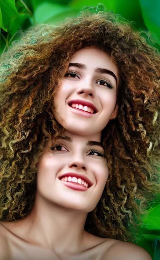 Prompt: 8 k uhd poser render of the face of a young woman with marble complexion, angelic features, her face framed with curls, her head raised in rapture, laughing, portrait photography, symmetrical eyes, by andrew gonzalez, background lush vegetation, insects and birds, dof narrow, 1 0 5 mm lens