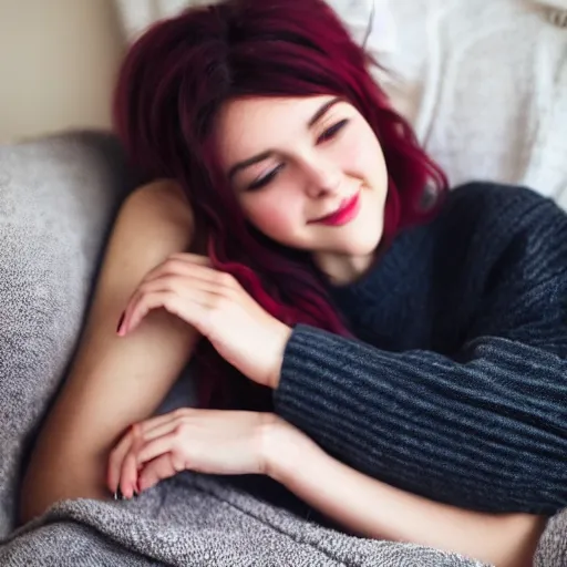 Prompt: photograph of a cute thin young woman, red blush, wearing casual clothes, small smile, relaxing on a couch, cuddling up under a blanket cozy living room, medium shot, 8 k, trending on instagram, photorealistic, trending on pinterest, portra 4 0 0