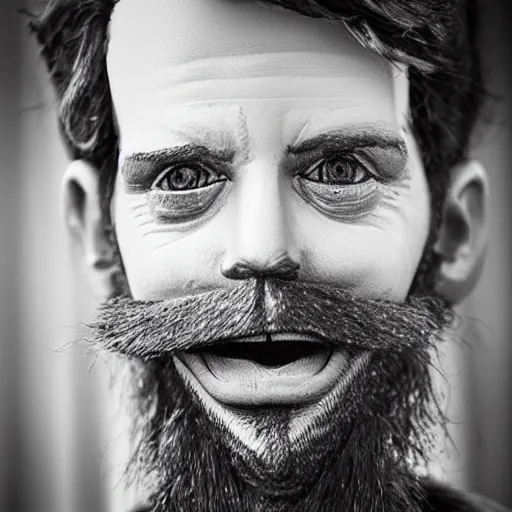 Image similar to realistic pinocchio with a beard, award winning photography