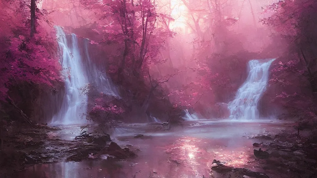 Prompt: the most beautiful abstract painting, where a giant dreamy waterfall creates a river, the trees around are starting to bloom in pink color, a ray light of the sunset is brightening the subject, by greg rutkowski