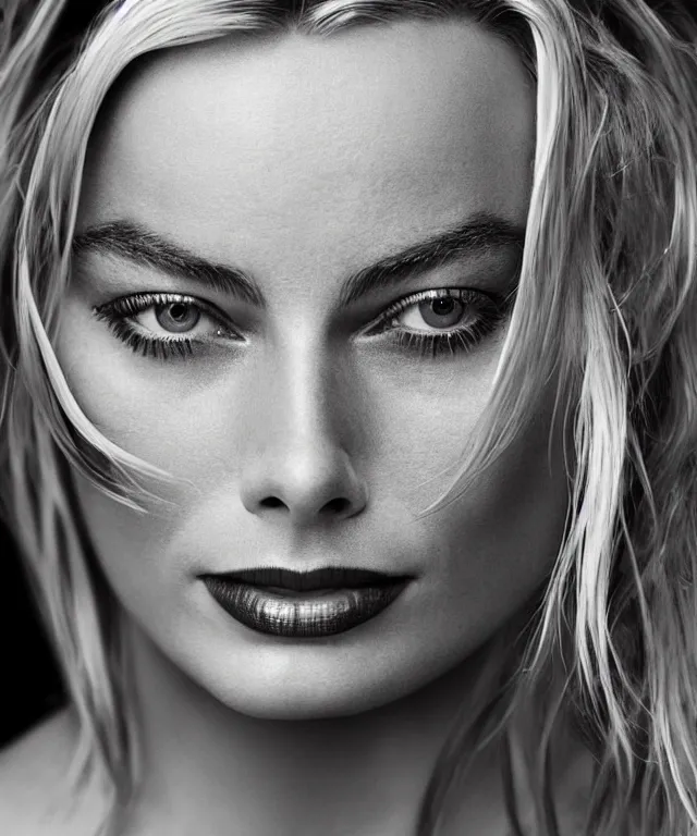 Image similar to a color photograph of margot robbie, by thomas ruff, platinum blond, intense, bold, exaggerated, ultra sharp, extra details, ultra high quality, trending on pinteresst