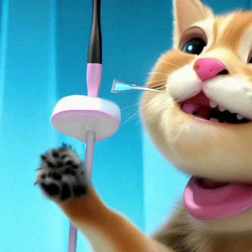 Prompt: a kitten character brushing teeth with a toothbrush and toothpaste, still from the movie pets, pixar render, dreamworks, movie poster disney