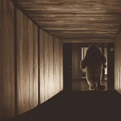 Image similar to dark photograph of a small bear mascot walking through a large wooden doorway