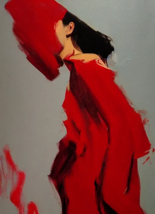 Image similar to fashion model in red dress, painting by phil hale, fransico goya,'action lines '!!!, graphic style, visible brushstrokes, motion blur, blurry, visible paint texture, crisp hd image