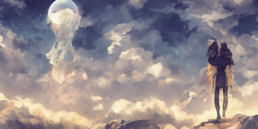 Image similar to african kingdom ascending from clouds, olympus platform, standing on a cloud, symmetrical!!, anime, prism highlights, depth of field, cinematic, filmic, vsco, concept art, art station, digital painting, elegant, epic, focus