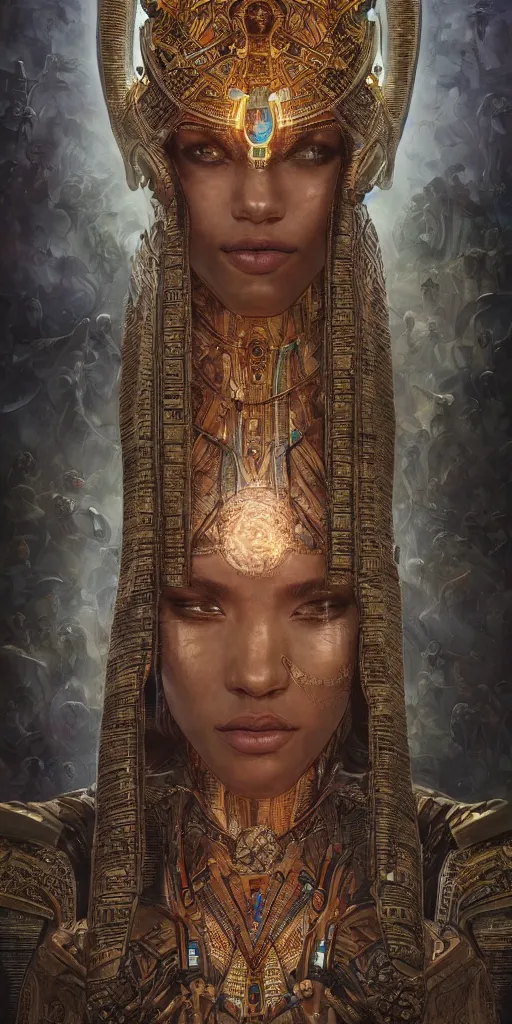 Image similar to HDR portrait photography of The Benevolent Cyborg Queen vertically mirrored above The Evil Cyborg King, ethnic, fantasy, intricate, elegant, highly detailed, African, Egyptian, Aztec, Mayan, digital painting, artstation, HDR photo, smooth, sharp focus, illustration, art by artgerm and greg rutkowski and alphonse mucha