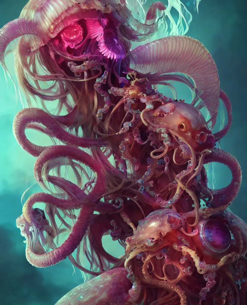 Image similar to goddess close - up portrait human skeleton, ram skull, squid phoenix jellyfish, orchid, betta fish, bioluminiscent, intricate artwork by tooth wu and wlop and beeple. octane render, trending on artstation, greg rutkowski very coherent symmetrical artwork. cinematic, hyper realism, high detail, octane render, 8 k