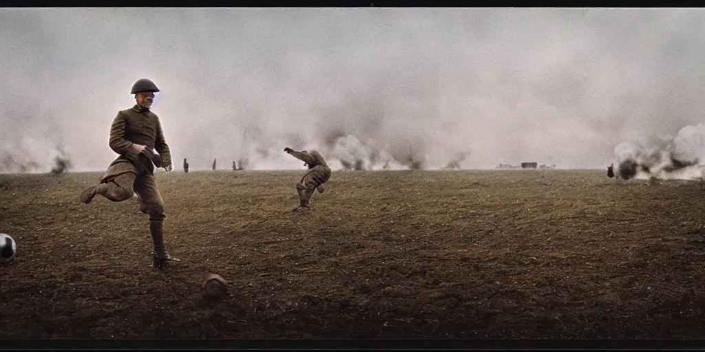 Image similar to detailed medium format photo, polaroid still from tarkovsky movie, erling haaland playing soccer on a ww 1 battlefield, explosions in the background haze, high production value, intricate details, 8 k resolution, hyperrealistic, hdr, photorealistic, high definition, tehnicolor, award - winning photography, masterpiece, amazing colors