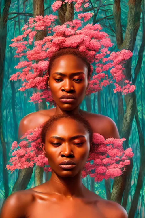 Prompt: hyperrealistic post - renaissance cinematic super expressive! yoruba goddess with exoskeleton armor, merging with tree in a forest, pink orange flowers, highly detailed digital art masterpiece, smooth cam de leon eric zener dramatic pearlescent soft teal light, low angle hd 8 k, sharp focus