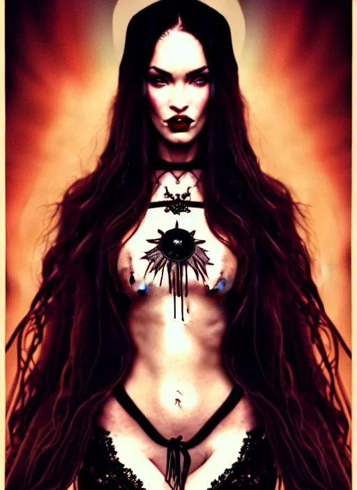 Image similar to megan fox witch queen, black eyes, blood, full body, intricate victorian dress, middle shot, cinematic lighting, symmetrical eyes, caravaggio, joshua middleton, rafael albuquerque, charlie bowater, moody lighting, candles