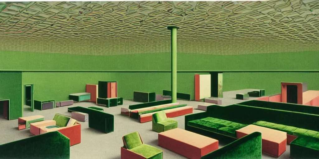 Image similar to huge sprawling gargantuan angular dimension of infinite indoor landscape 7 0 s green velvet and wood with metal office furniture. surrealism, mallsoft, vaporwave. muted colours, 7 0 s office furniture catalogue, shot from above, endless, neverending epic scale by escher and ricardo bofill, salvador dali landscape