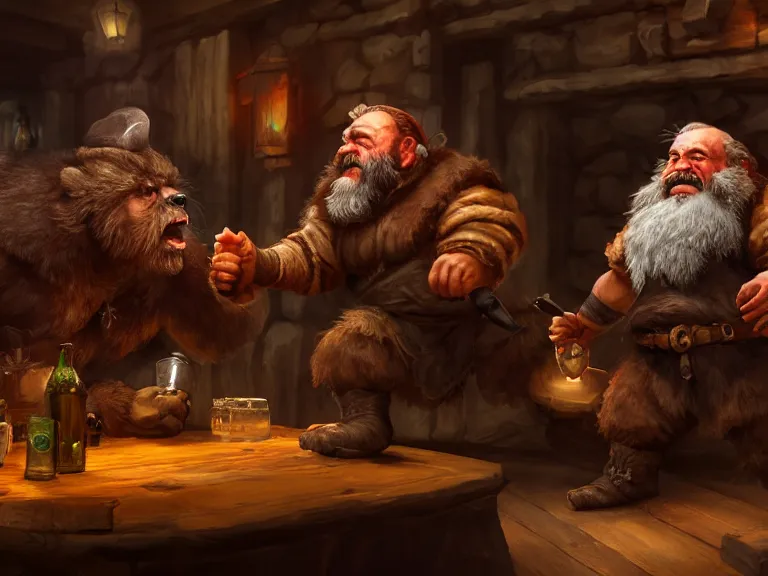 Image similar to Drunk Dwarf fights Bear Companion at a Tavern, RPG Portrait Full Body, Oil Painting, Trending on Artstation, octane render, Insanely Detailed, 8k, HD