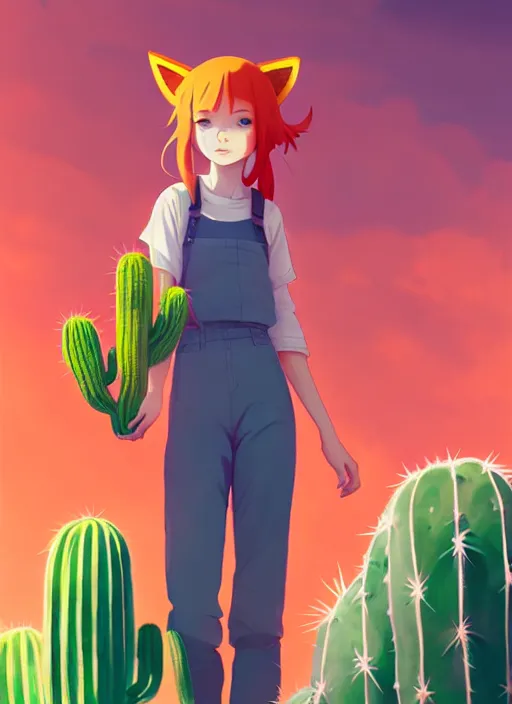 Prompt: portrait of cute redhead girl in orange jumpsuit with fox ears, holding a cactus, cloudy sky background lush landscape illustration concept art anime key visual trending pixiv fanbox by wlop and greg rutkowski and makoto shinkai and studio ghibli