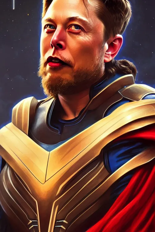 Image similar to elon musk as thor, realistic portrait, symmetrical, highly detailed, digital painting, artstation, concept art, smooth, sharp focus, illustration, cinematic lighting, art by artgerm and greg rutkowski and alphonse mucha