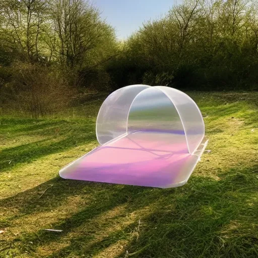 Image similar to a pastel coloured Polaroid photo of a sun lounger and shelter made of transparent iridescent perspex stood centrally in a field, beams of light, nostalgic