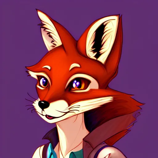 Image similar to don bluth, loish, artgerm, steampunk, clockpunk anthropomorphic fox girl, purple vest, smiling, symmetrical eyes symmetrical face, colorful animation forest background