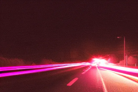 Image similar to dash cam footage at night of a car glowing neon pink