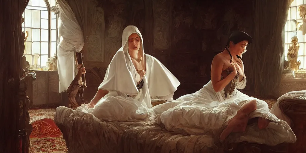 Image similar to photography of a pope making touching a sensual woman in a bedroom, deep focus, intricate, elegant, highly detailed, digital painting, artstation, concept art, matte, sharp focus, illustration, art by artgerm and greg rutkowski and alphonse mucha