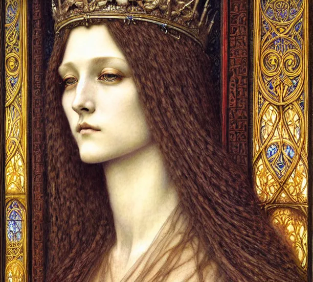 Image similar to detailed realistic beautiful young medieval queen face portrait by jean delville, gustave dore and marco mazzoni, art nouveau, symbolist, visionary, gothic, pre - raphaelite. horizontal symmetry