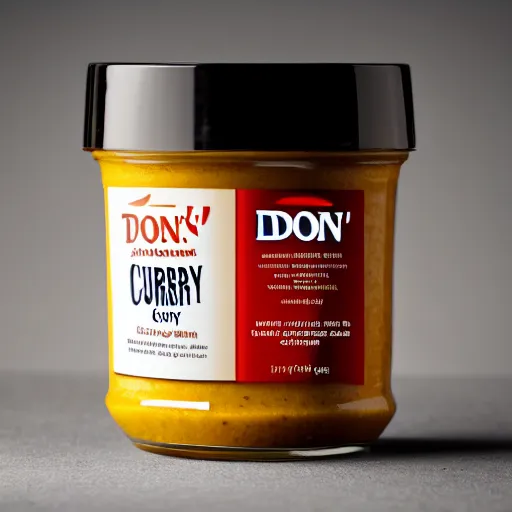 Prompt: Jar of Don Johnson's curry sauce, professional lighting, marketing photo advert, 8k