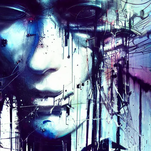 Image similar to a cyberpunk noir detective, skulls, wires cybernetic implants, machine noir grimcore in cyberspace photoreal, atmospheric by jeremy mann francis bacon and agnes cecile, ink drips paint smears digital glitches