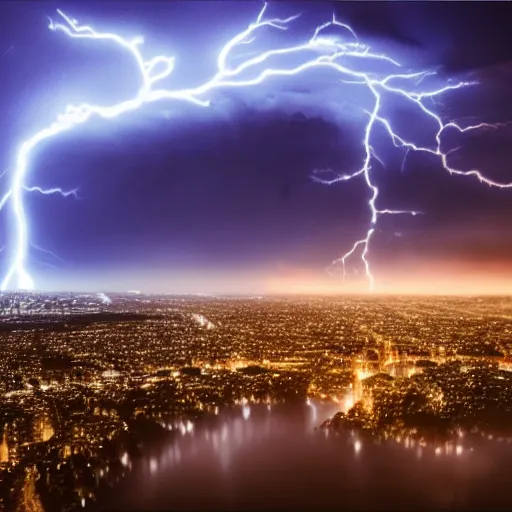 Image similar to hyperrealistic thunderstorm over a glowing city at night, 4 k realistic detailed, 8 k