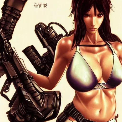 Image similar to concept art illustration of young japanese christina hendricks natalie portman as lara croft motoko kusanagi anime protagonist, wearing combat warrior fantasy bikini, intricate, elegant, art by artgerm and rosstran, masamune shirow