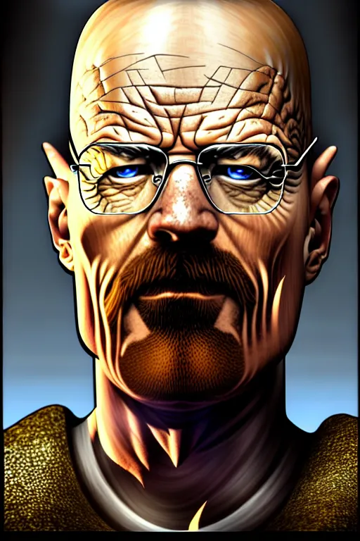 Image similar to walter white, fantasy armor, detailed face, dynamic lighting, tony sart