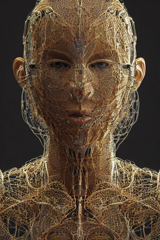 Image similar to a melancholic realistic 8k Sculpture of a complex robotic human face, liquid simulation, bright psychedelic color, dramatic lighting, silver gold red details, hexagonal mesh wire, filigree intricate details, cinematic, fleshy musculature, white blossoms, elegant, octane render, art nouveau, 8k post-processing, intricate art by Raymond Swanland