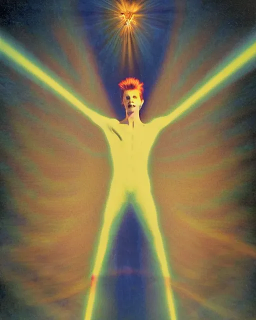 Image similar to david bowie as a ziggy stardust levitating and surrounded by transcendental light by jean auguste dominique ingres by agnes pelton, luminous orbs, labyrinthine, mystical