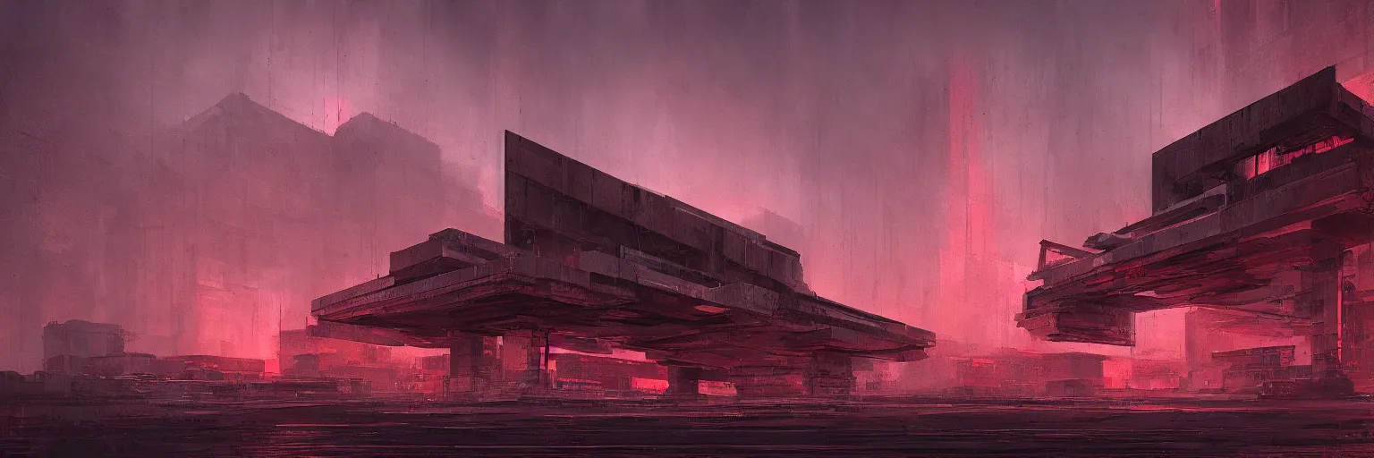 Prompt: brutalist structure bathed in crimson light, night, dark, by Cédric Peyravernay