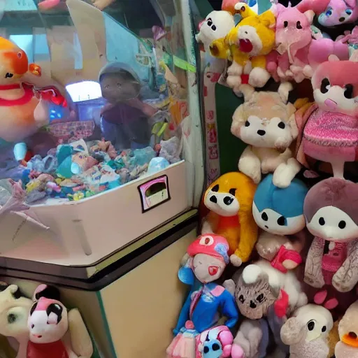 Image similar to stuffed animals inside of a crane game in japan anime style