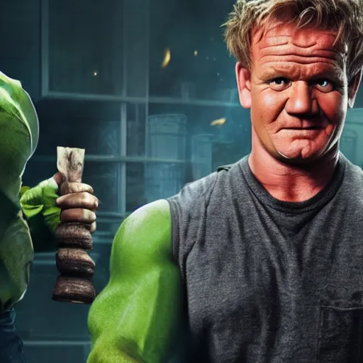 Image similar to gordon ramsey starring as the incredible hulk, movie still, 8 k