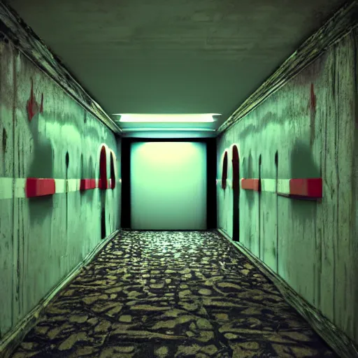 Image similar to abandoned movie theatre hallway, high contrast neon lighting, playstation 1 game, low poly graphics