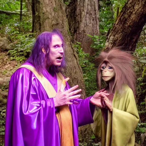 Prompt: a skeksi in purple robes is talking to a gelfling child in the woods, they are from the movie the dark crystal, cinematic 8 k