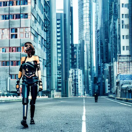 Prompt: portrait of a female cyborg walking down a futuristic cyberpunk street with tall buildings on both sides