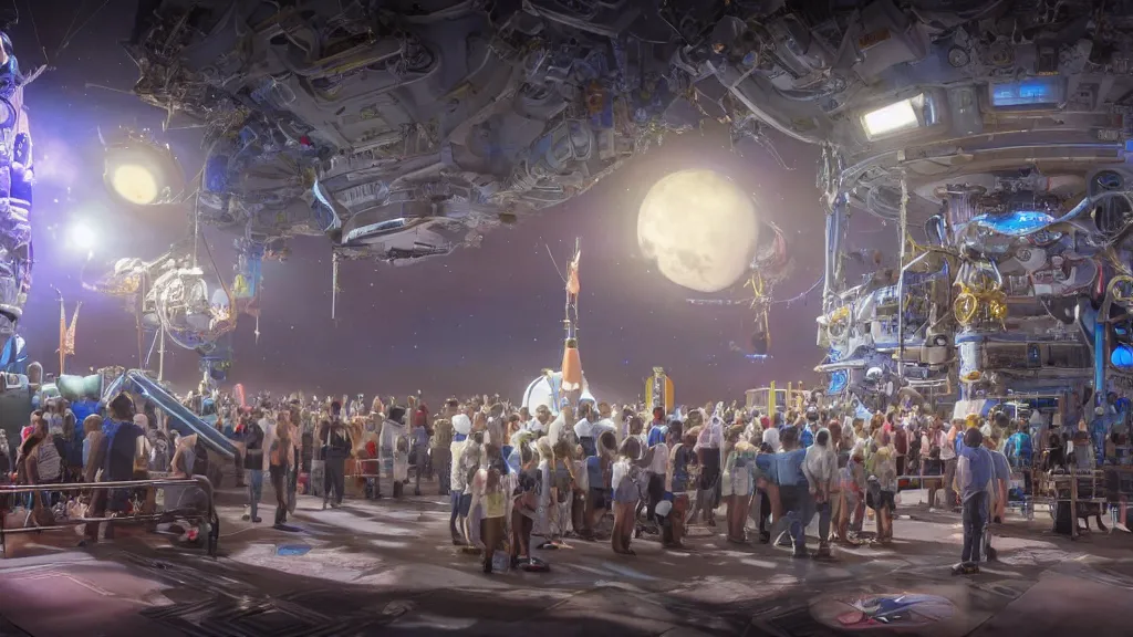 Image similar to disney world on the moon, photorealistic, 8 k, extreme detail, rendered in octane, rendered in arnold, rendered in vray, created in unreal engine 5, crowds of people in space suits in line to ride the bounce machine