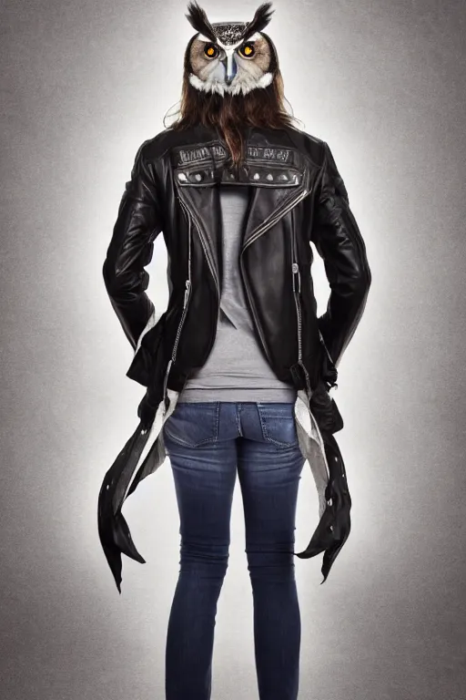 Image similar to front of owl wearing biker jacket, portrait photo, full body, backlit, studio photo, golden ratio